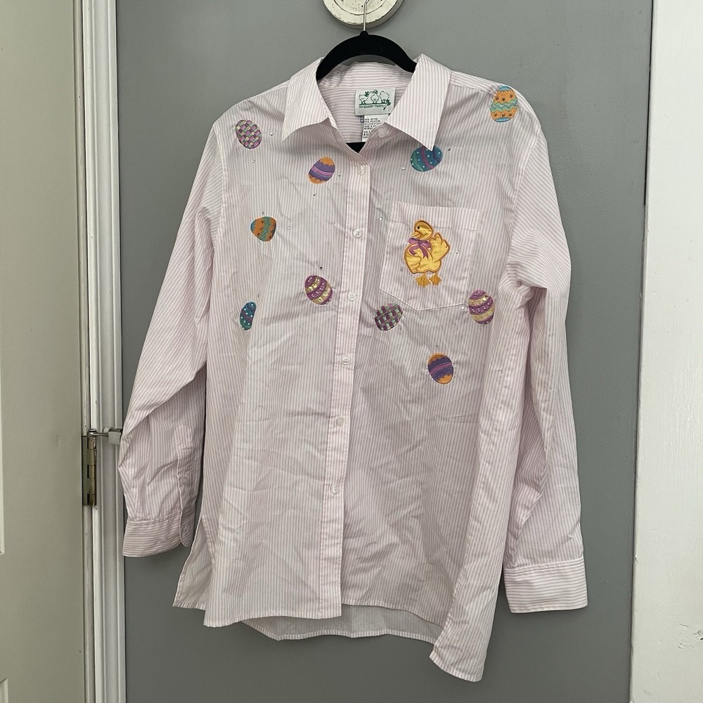 Vintage The Quaker Factory Pink Striped Cotton Embroidered Easter Button Up Sz L